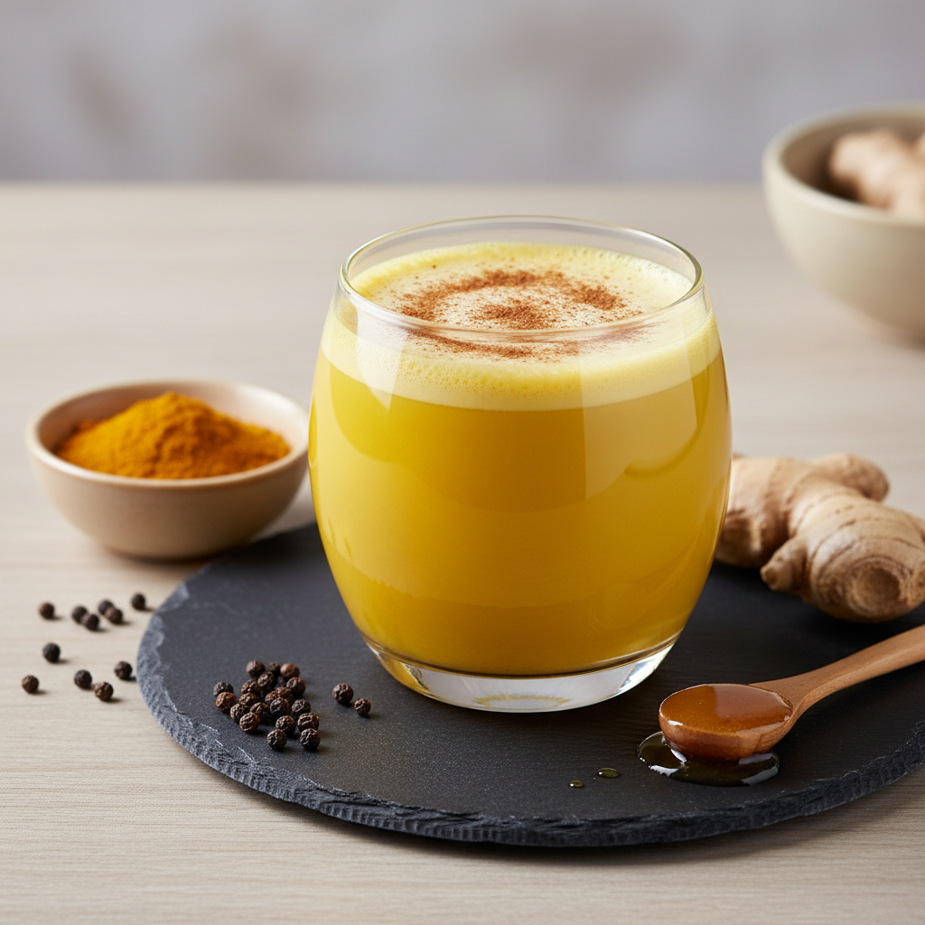 A meticulously styled close-up of an ayurvedic-inspired golden turmeric tonic in a clear, slightly rounded glass, its warm yellow hue glowing under soft, diffused studio lighting. A thin layer of froth crowns the surface, with a delicate dusting of cinnamon forming a precise circular pattern. The glass rests on a matte black slate coaster atop a light wooden surface. Surrounding it are thoughtfully placed ingredients: a small ceramic bowl of ground turmeric, a piece of fresh ginger root, a pinch of black peppercorns, and a drizzle of honey on a tiny wooden spoon. The background is gently blurred in neutral tones, creating a clean, professional, health-oriented mood with photographic realism and a focus on craftsmanship and natural wellness.