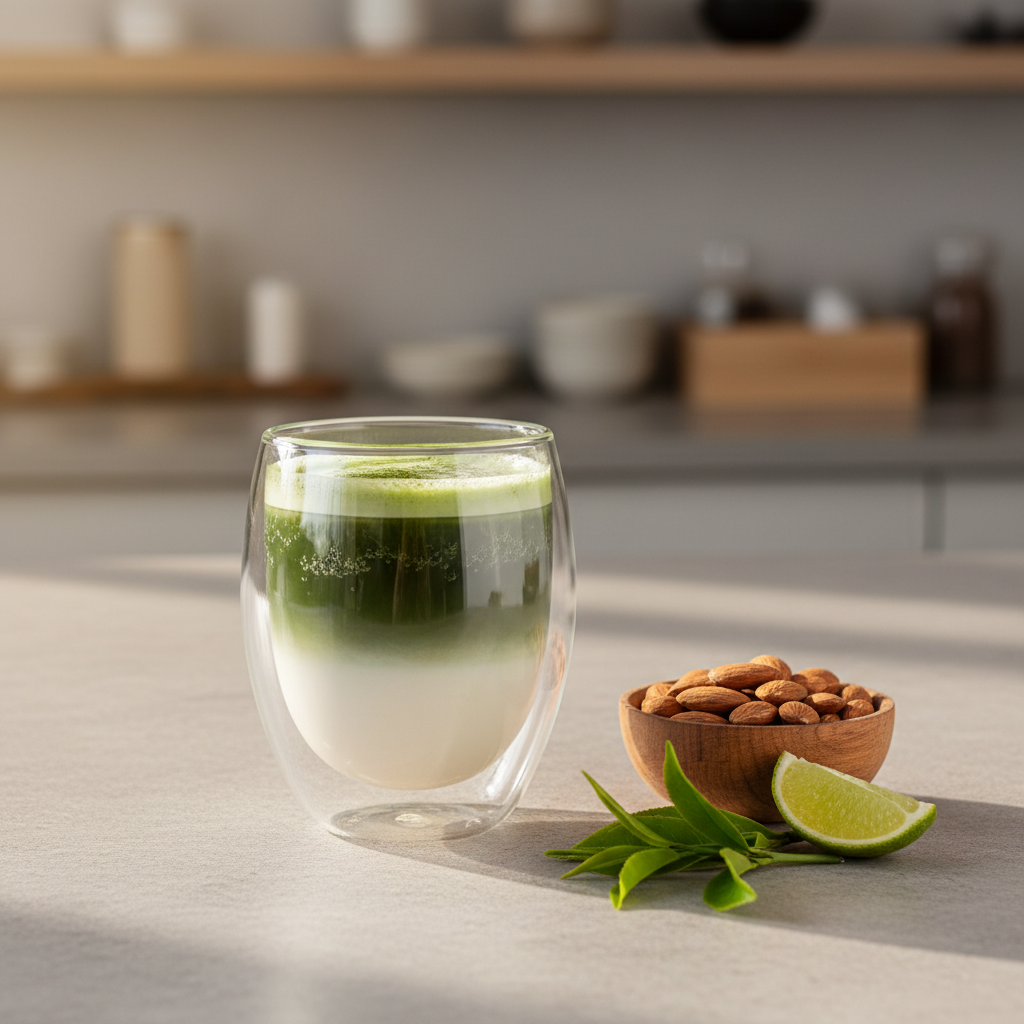 A close-up photographic shot of a pristine, double-walled glass filled with a layered matcha and almond milk beverage, the vivid green gradually fading into creamy white. Tiny bubbles cling to the inner surface, and a sprinkle of finely ground matcha floats on top. The glass stands on a pale stone countertop beside neatly arranged fresh ingredients: bright green tea leaves, a small wooden bowl of almonds, and a slice of lime. Soft morning sunlight from the left creates delicate highlights and a gentle glow, while the background fades into a tasteful bokeh of neutral-toned cafe shelves. The atmosphere feels professional, fresh, and health-focused with a minimalist, modern aesthetic.
