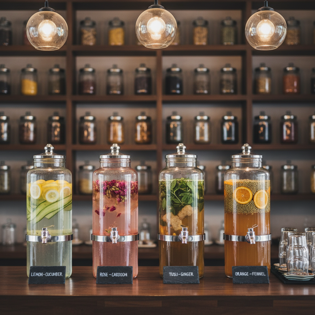 A stylish bar counter inside Ayurarogya Cafe, featuring a neatly arranged row of glass infusion dispensers, each filled with different colorful herbal waters: lemon-cucumber, rose-cardamom, tulsi-ginger, and orange-fennel. Sliced fruits and herbs float visibly, catching the light. The dispensers sit on a dark walnut counter, with labeled slate nameplates and a small cluster of glass tumblers stacked nearby. Overhead warm pendant lights cast a soft, inviting glow, creating reflections on the glass and subtle highlights on the metal taps. The background shows a blurred wall of wooden shelves lined with neatly organized jars of herbs and spices. Photographic realism with a slightly elevated angle, professional and serene atmosphere emphasizing purity, variety, and care.