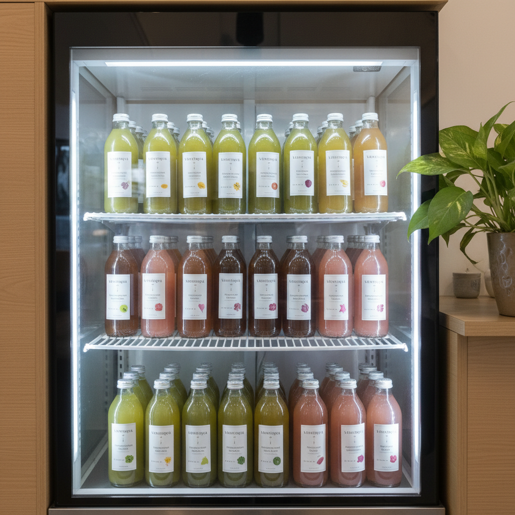 A serene corner of Ayurarogya Cafe showcasing a refrigerated display filled with neatly aligned bottled wellness drinks in transparent glass bottles, each with minimalist white labels and subtle color accents. The beverages range from pale green moringa blends to deep amber herbal decoctions and soft pink rose-infused waters. Cool, even LED lighting inside the display enhances the clarity and saturation of the liquids, while reflections on the glass door add depth. The surrounding area features light wood paneling and a single potted leafy plant on a nearby ledge. Captured straight-on with sharp focus throughout, the image conveys order, professionalism, and a commitment to healthy, thoughtfully crafted beverages in a modern, photographic style.