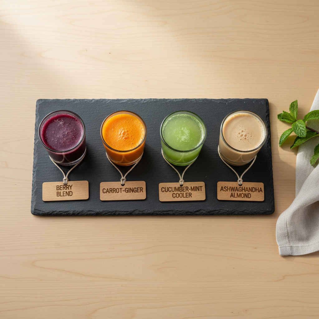 An overhead photographic view of a curated wellness beverage flight on a rectangular slate board, featuring four small, uniform glass cups filled with different health drinks: deep purple antioxidant berry blend, vibrant orange carrot-ginger elixir, translucent green cucumber-mint cooler, and warm beige ashwagandha almond tonic. Each cup has a tiny labeled wooden tag placed neatly in front. The board is centered on a smooth wooden table with a single sprig of fresh mint and a folded linen napkin to one side. Soft, even daylight illuminates the scene from above, reducing harsh shadows and emphasizing natural colors. The composition is clean, balanced, and professional, conveying experimentation and choice in healthy, tasty beverages.