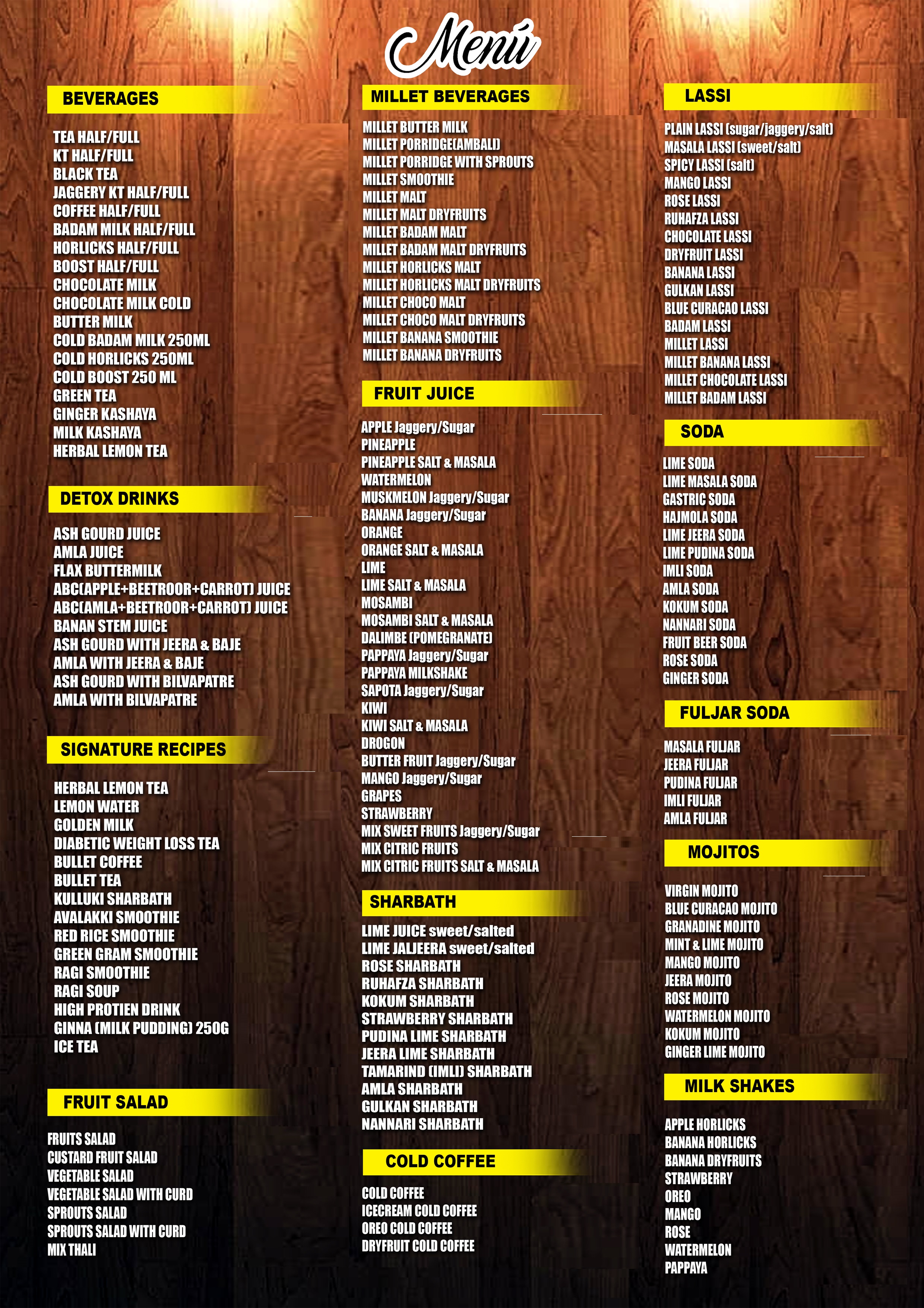 Ayurarogya Cafe full English beverage menu poster on a wooden background, showing categorized beverages, millet drinks, juices, lassi, soda, mojitos, milkshakes, and more, designed in a tall portrait layout.